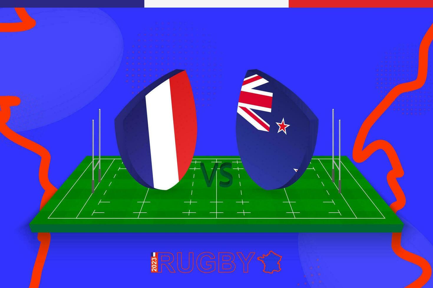Rugby Mannschaft Frankreich vs. Neu Neuseeland auf Rugby Feld. Rugby Stadion auf abstrakt Hintergrund zum International Meisterschaft. vektor