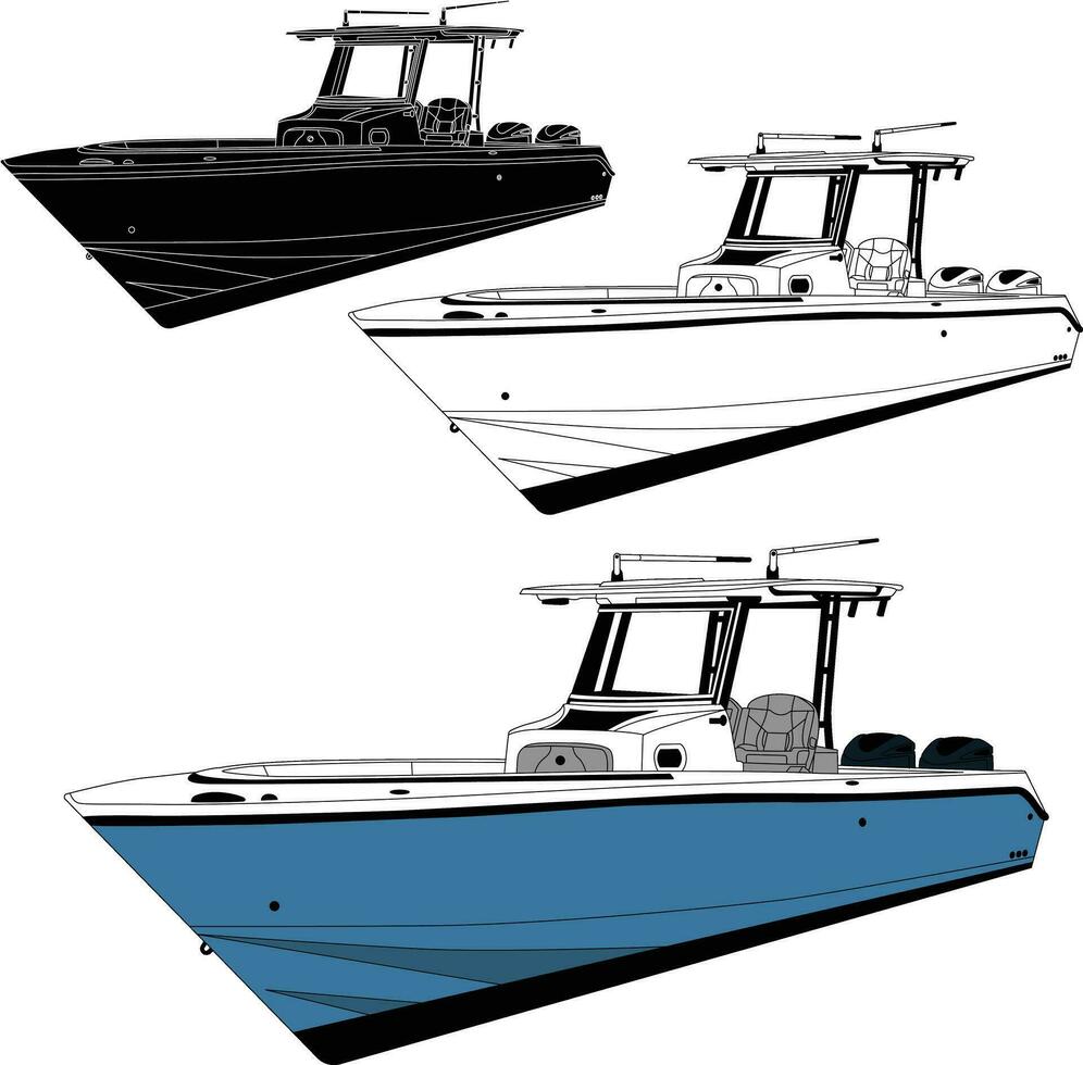 Vektor, Linie Kunst und Farbe Bild von Seite Aussicht Angeln Boot auf ein Weiß Hintergrund. vektor
