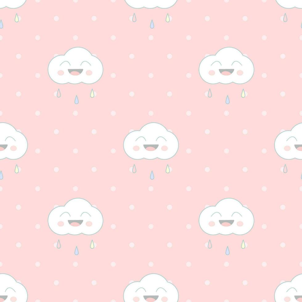 söt sömlös moln mönster dekorerad med regn och polka prickar på en rosa bakgrund i en pastell tema. vektor