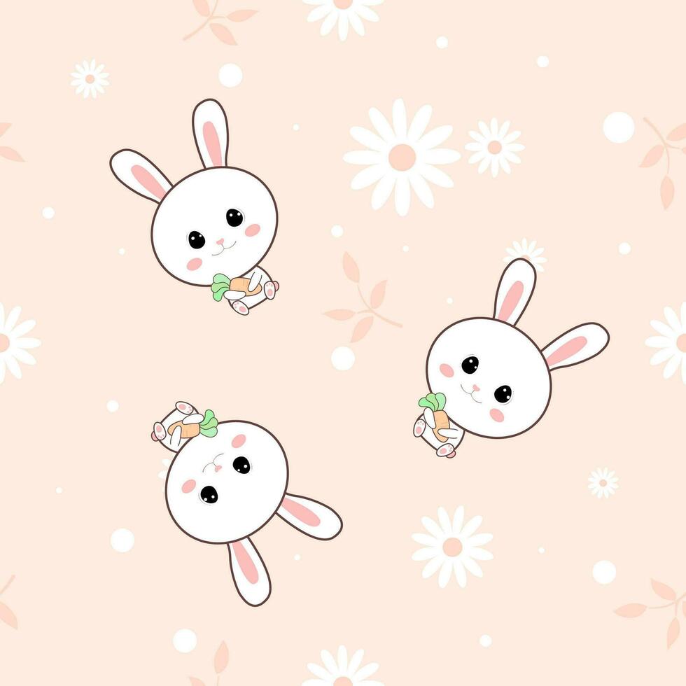 söt kanin med blommor och löv sömlös mönster på pastell rosa bakgrund. vektor