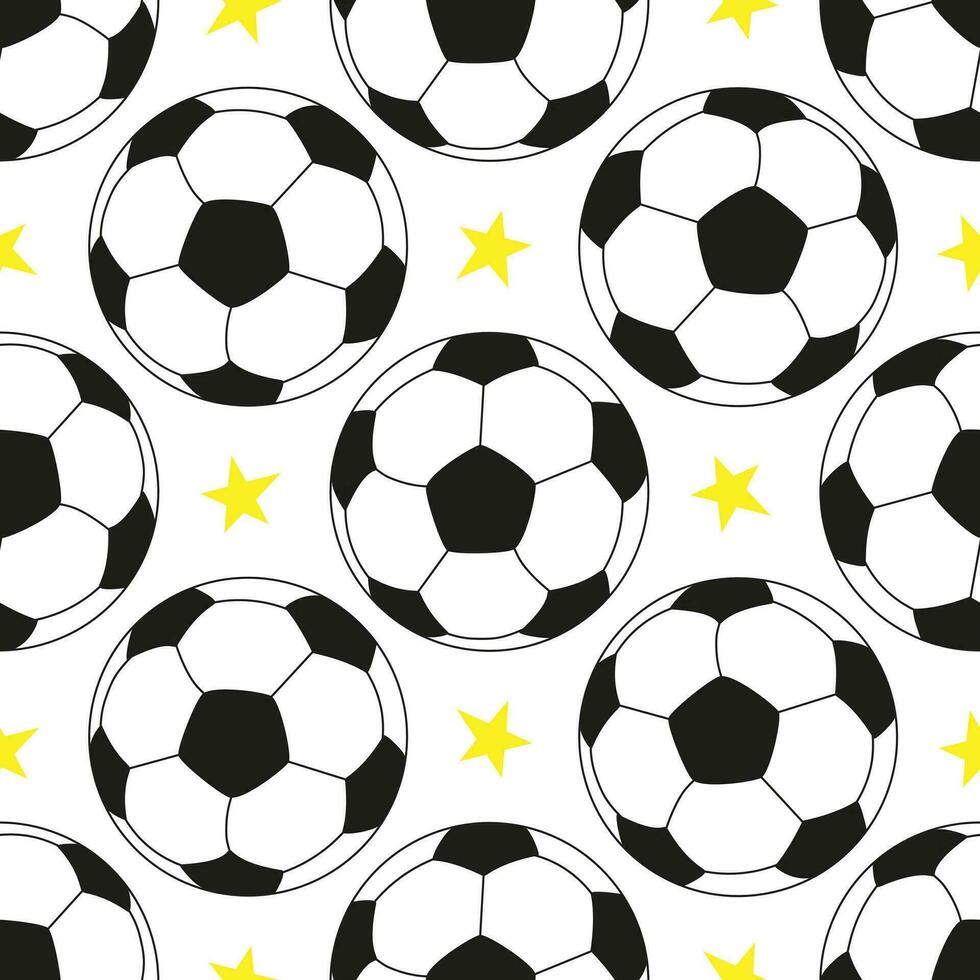 Vektor nahtlos Muster mit Fußball Bälle und Sterne im Karikatur Stil. Fußball Muster Design