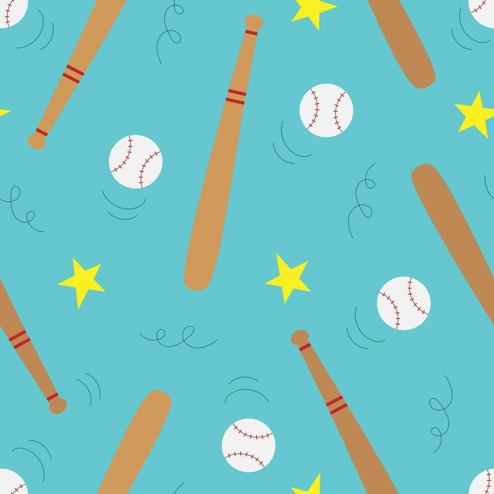 vektor sömlös mönster med baseboll fladdermöss och bollar i tecknad serie stil