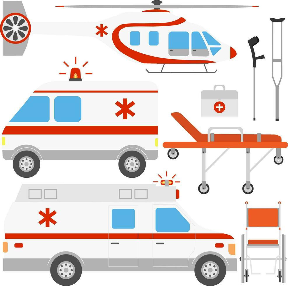 Vektor Clip Kunst mit Krankenwagen Auto, Luft Krankenwagen Hubschrauber, Rollstuhl, Stöcke, zuerst Hilfe Kit