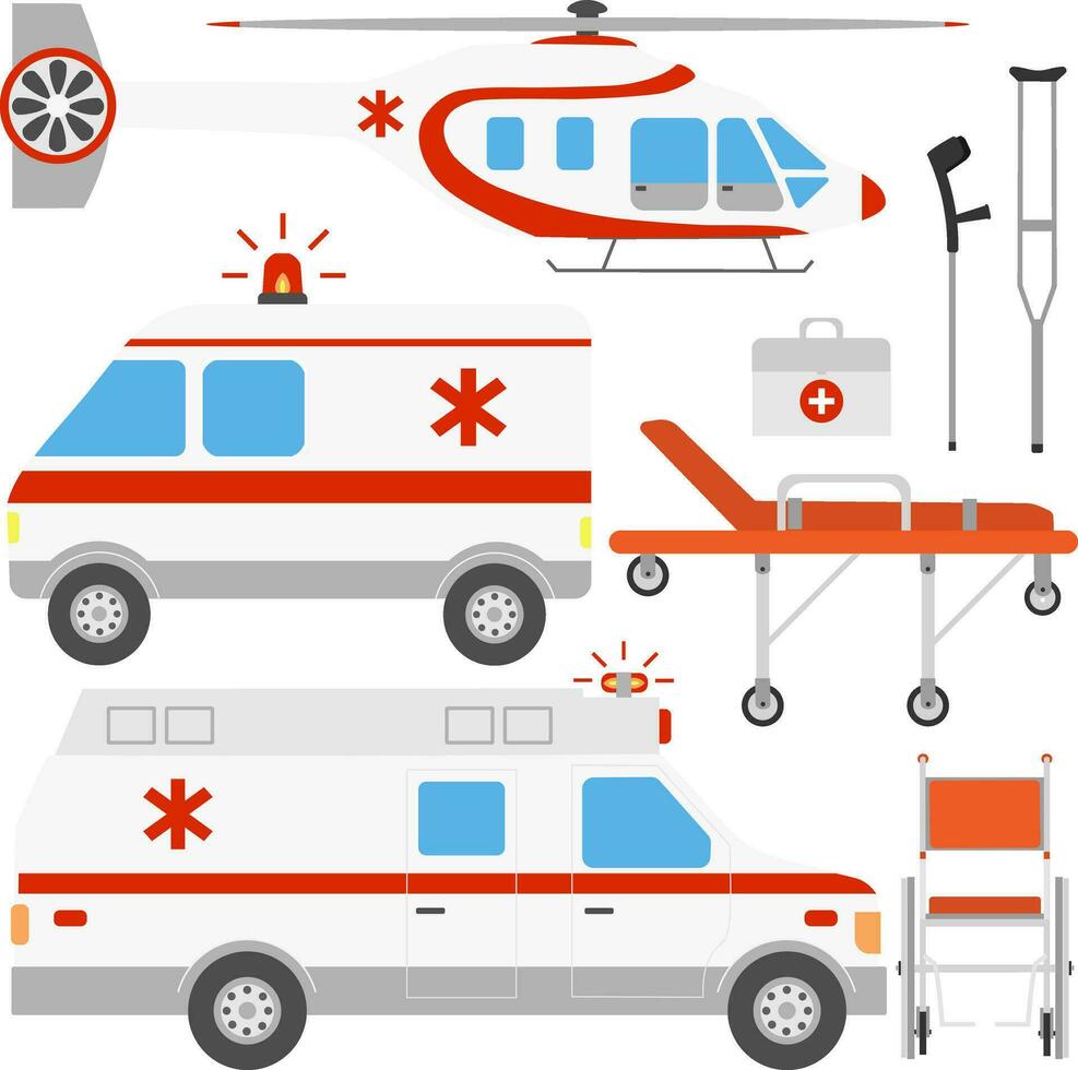 vektor klämma konst med ambulans bil, luft ambulans helikopter, rullstol, käppar, först hjälpa utrustning