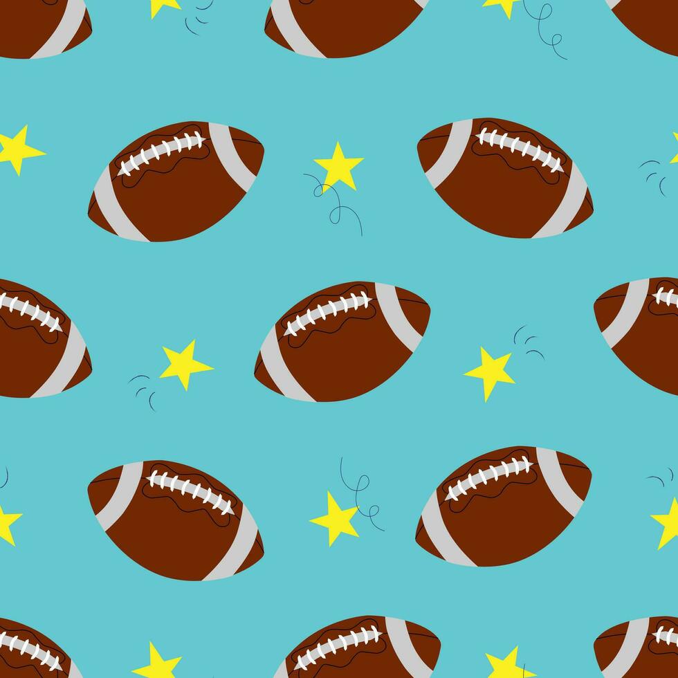 vektor sömlös mönster med rugby bollar och stjärnor i tecknad serie stil. amerikan fotboll mönster