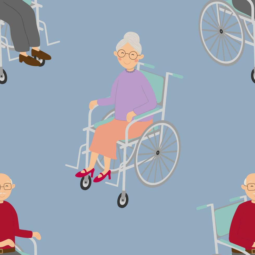 Vektor nahtlos Muster mit alt Mann und Frau Zeichen im Rollstühle im Karikatur Stil