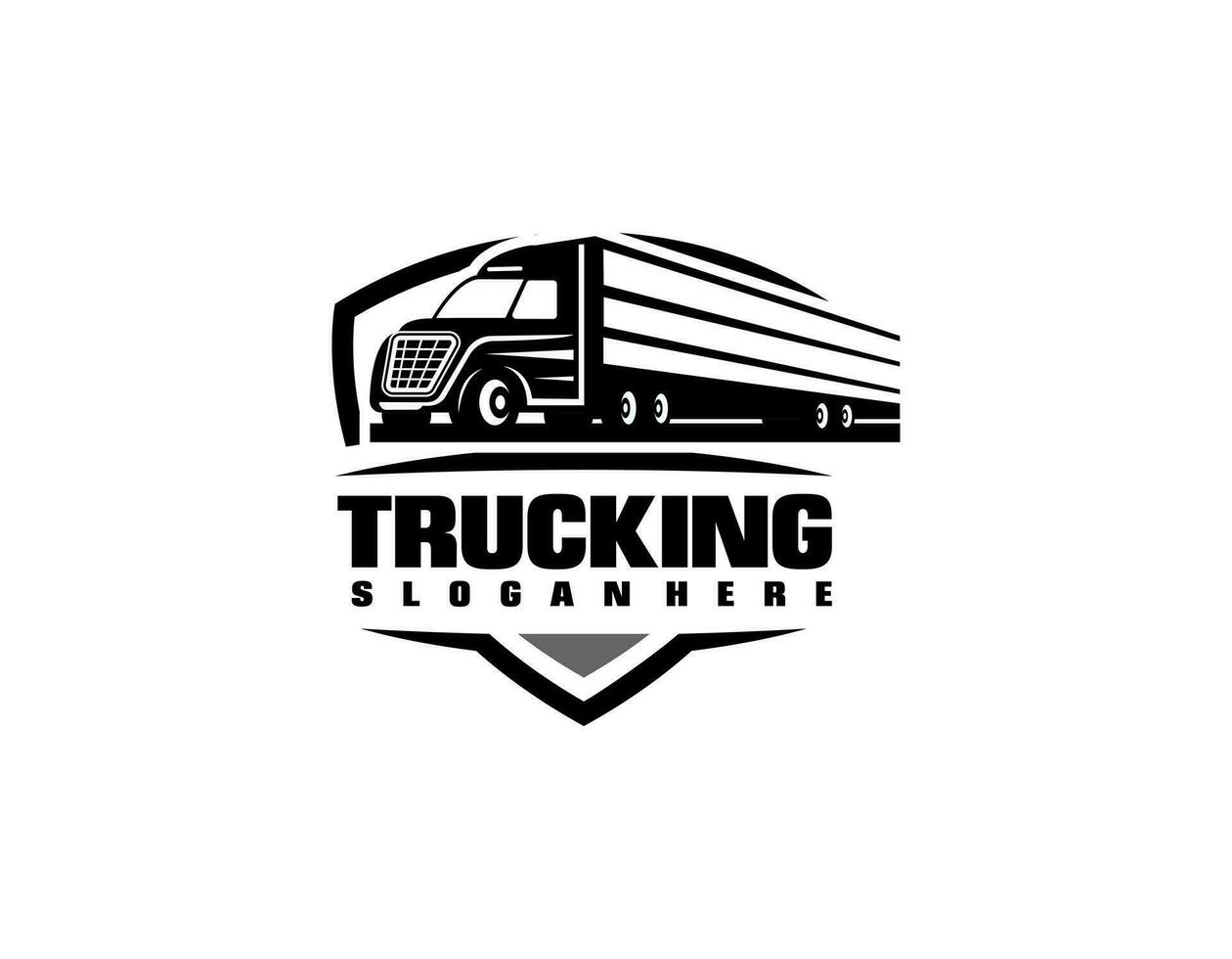 lastbil trailer transport logistik, leverans, uttrycka, frakt företag, snabb frakt, design mall logotyp illustration silhuett, emblem isolerat på mörk bakgrund, svart vektor