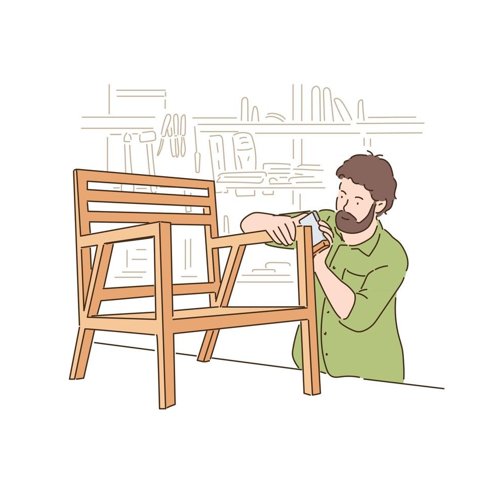 en snickare gör en stol. handritade illustrationer för stilvektordesign. vektor