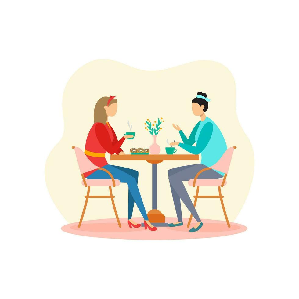 zwei freunde sind Sitzung beim ein Tabelle und Trinken Tee im ein Cafe, reden, Freundschaft Tag. Farbe Illustration, eben Design. vektor