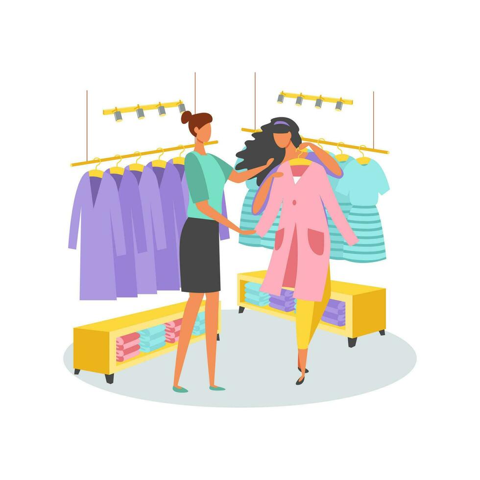 ein Frau versucht es auf ein Neu aussehen im ein Damen Kleidung speichern. das Verkäufer hilft zu wählen Kleidung. gut Einkaufen. groß Verkauf. Vektor Illustration eben Stil.