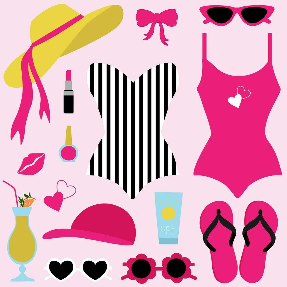 Vektor retro Bikini Clip Art mit Bademode, Sonnenbrille und Flip Flops