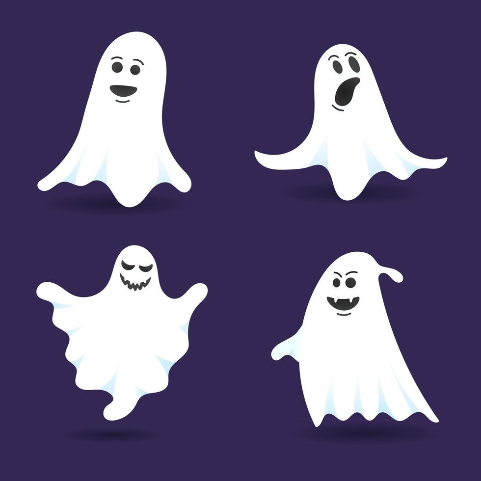4 süße Geisterfiguren im flachen Stil Design-Vektor-Illustration-Set isoliert auf dunklem Hintergrund. Halloween boo gruseliges Symbol, das über dem Boden fliegt. vektor