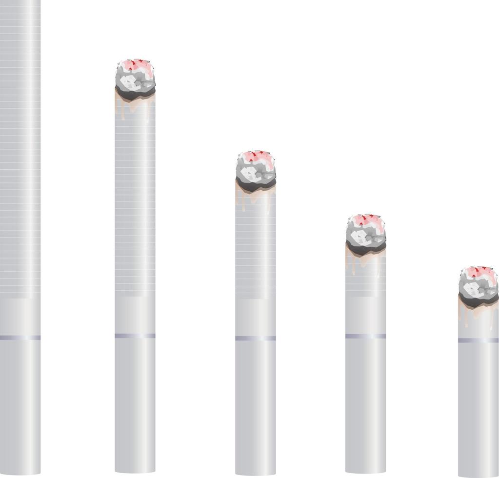 realistisk design av 5 olika storlekar av vit cigarett. brinnande och ingen brinnande 3d design stil vektorillustration isolerad på vit bakgrund. vektor