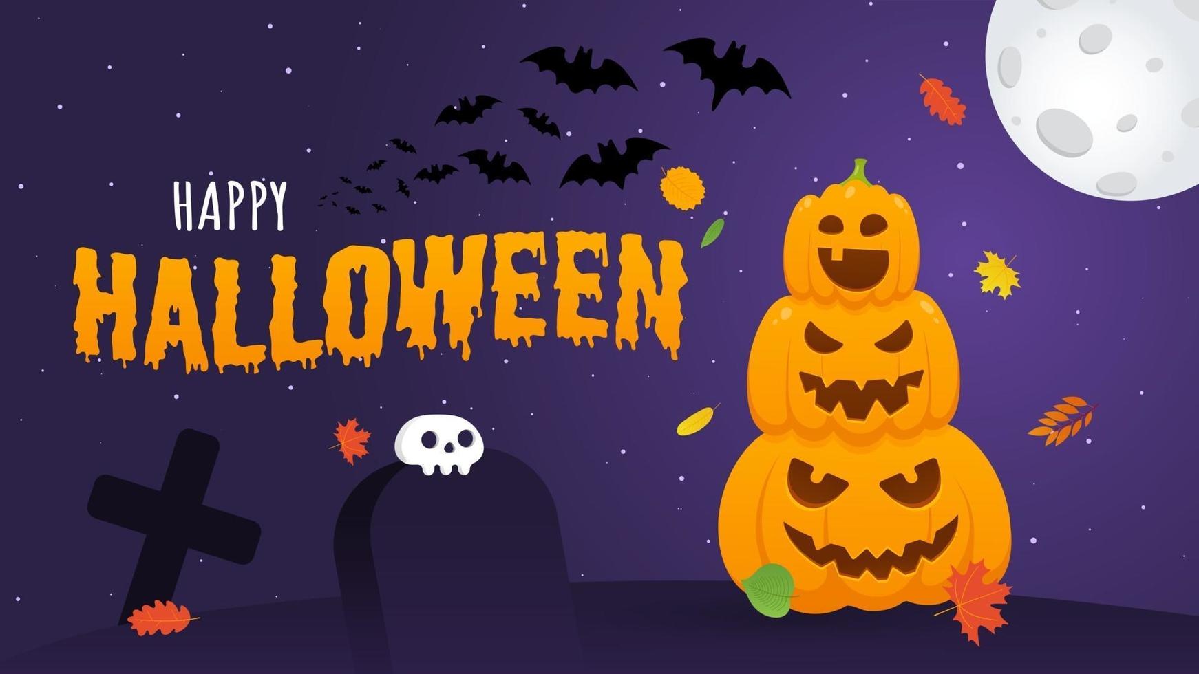 glückliche halloween-kürbisse mit gruseligen gesichtern ausdruck grimasse, mit mond vektor