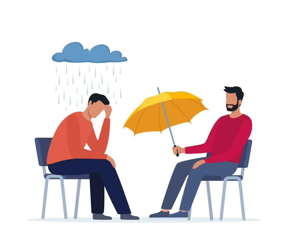 Psychotherapie Sitzung. geduldig Sitzung unter das Regen Wolke, ein Spezialist geben ihm ein Regenschirm. sich unterhalten Therapie Konzept. Vektor Illustration.