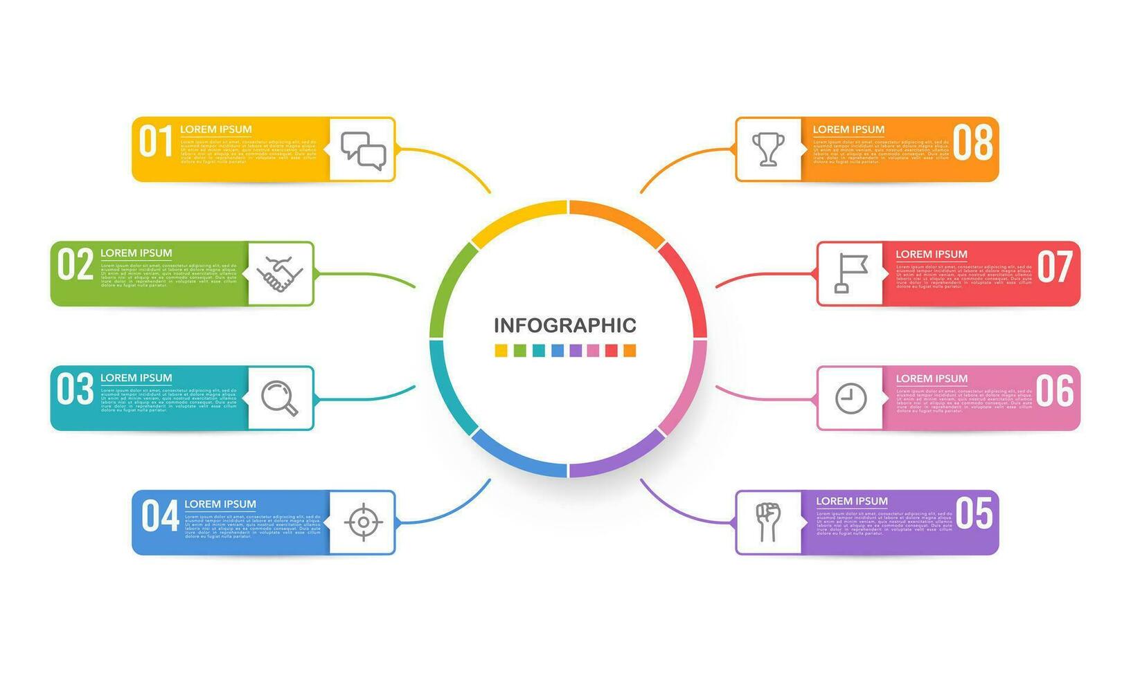 8 Prozess Infografik Design Vorlage. Diagramm, jährlich Bericht, Geschäft Präsentation, und Organisation. Vektor Illustration.