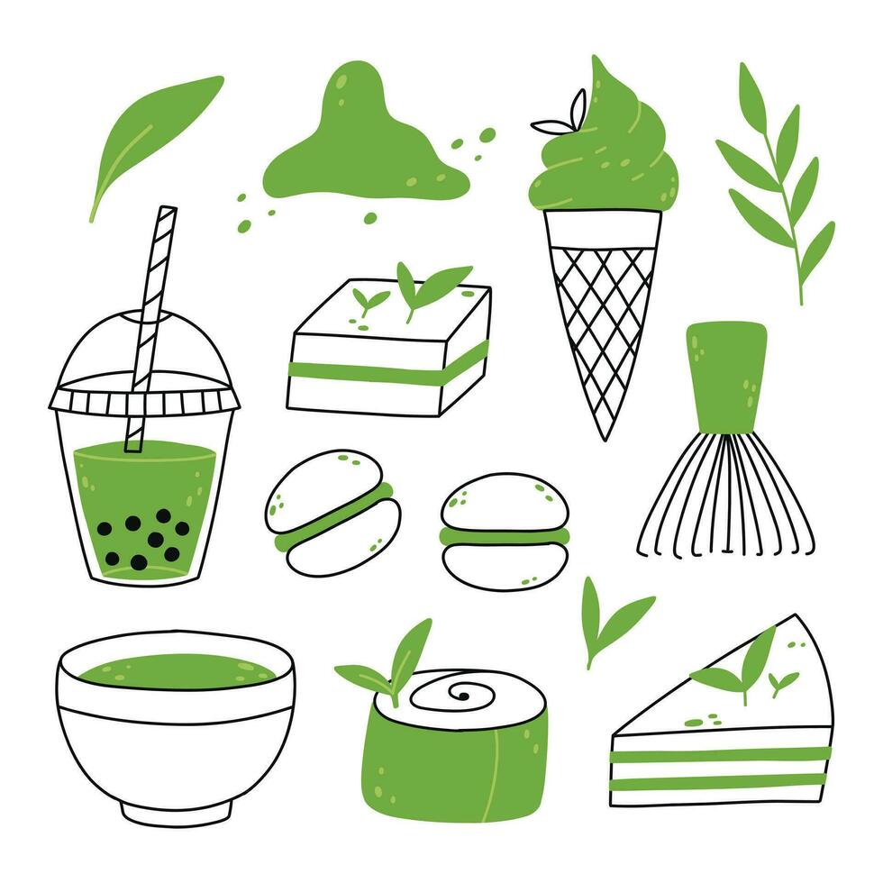 Matcha-Tee. Becher mit Matcha- und Grünteeblättern. Vektor-Illustration. natürlicher grüner Tee. vektor