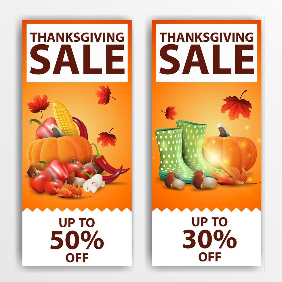 Thanksgiving-Verkauf, zwei vertikale orangefarbene Webbanner mit bis zu 50 Rabatten und bis zu 30 Rabatten. Rabattgutscheine isoliert auf weißem Hintergrund für Ihre Kunst vektor