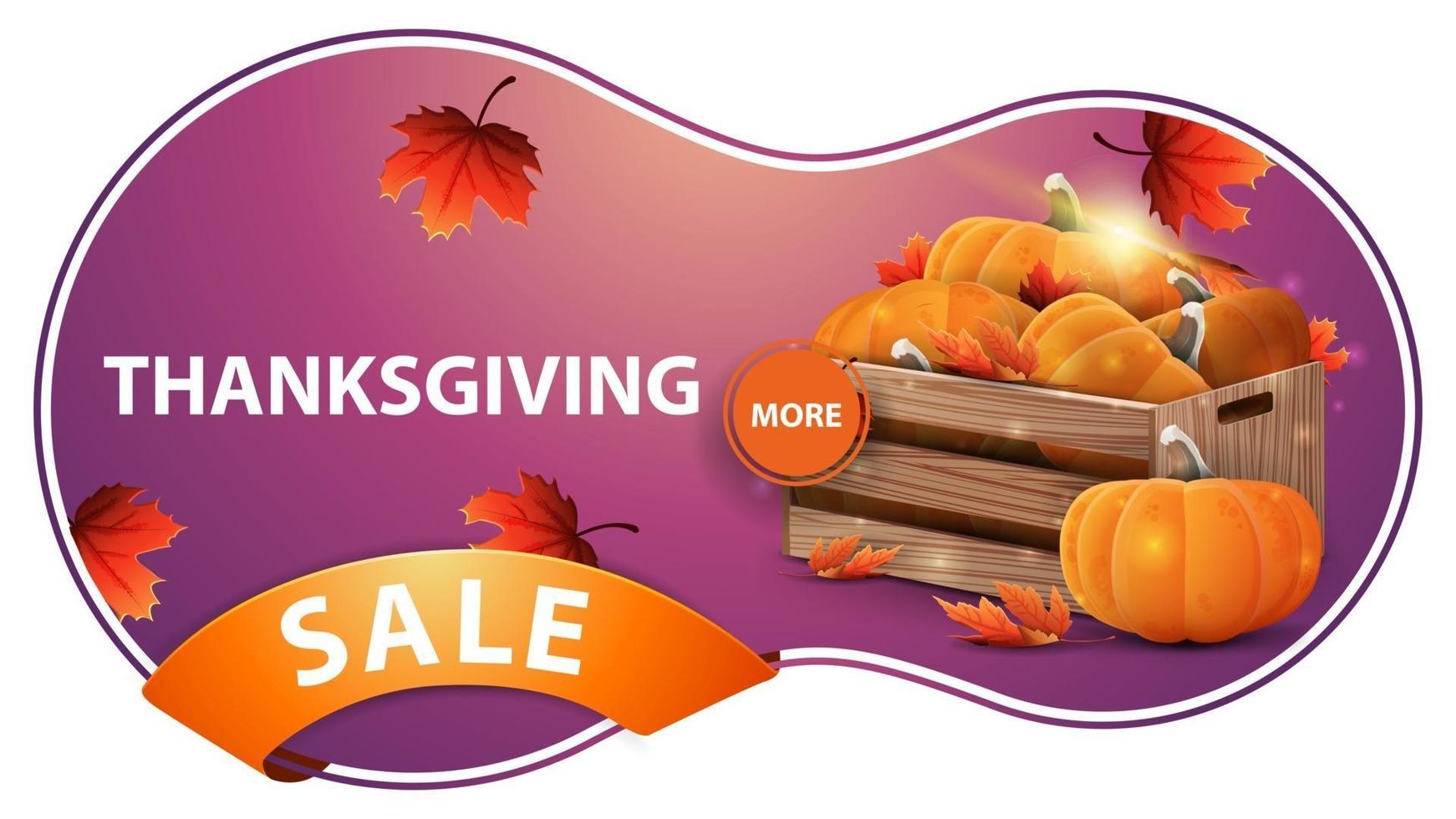 Thanksgiving-Verkauf, rosa Rabatt-Webbanner mit Holzkisten mit reifen Kürbissen und Herbstblättern vektor