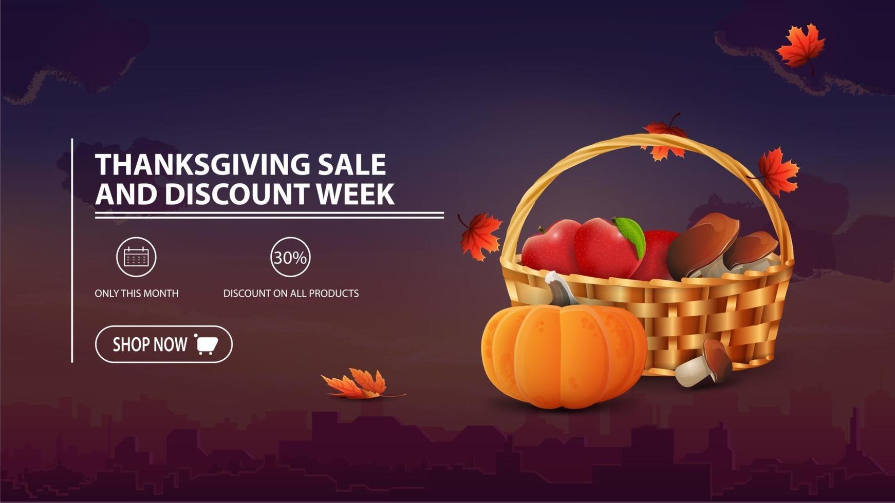 Thanksgiving-Verkauf und Rabattwoche, Rabattbanner mit Stadt im Hintergrund, Obst- und Gemüsekorb vektor