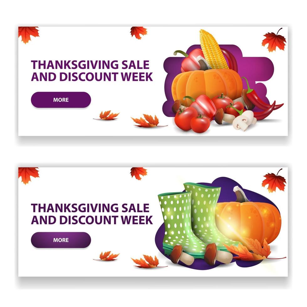 Thanksgiving försäljning och rabatt vecka, två moderna horisontella banners för din konst vektor