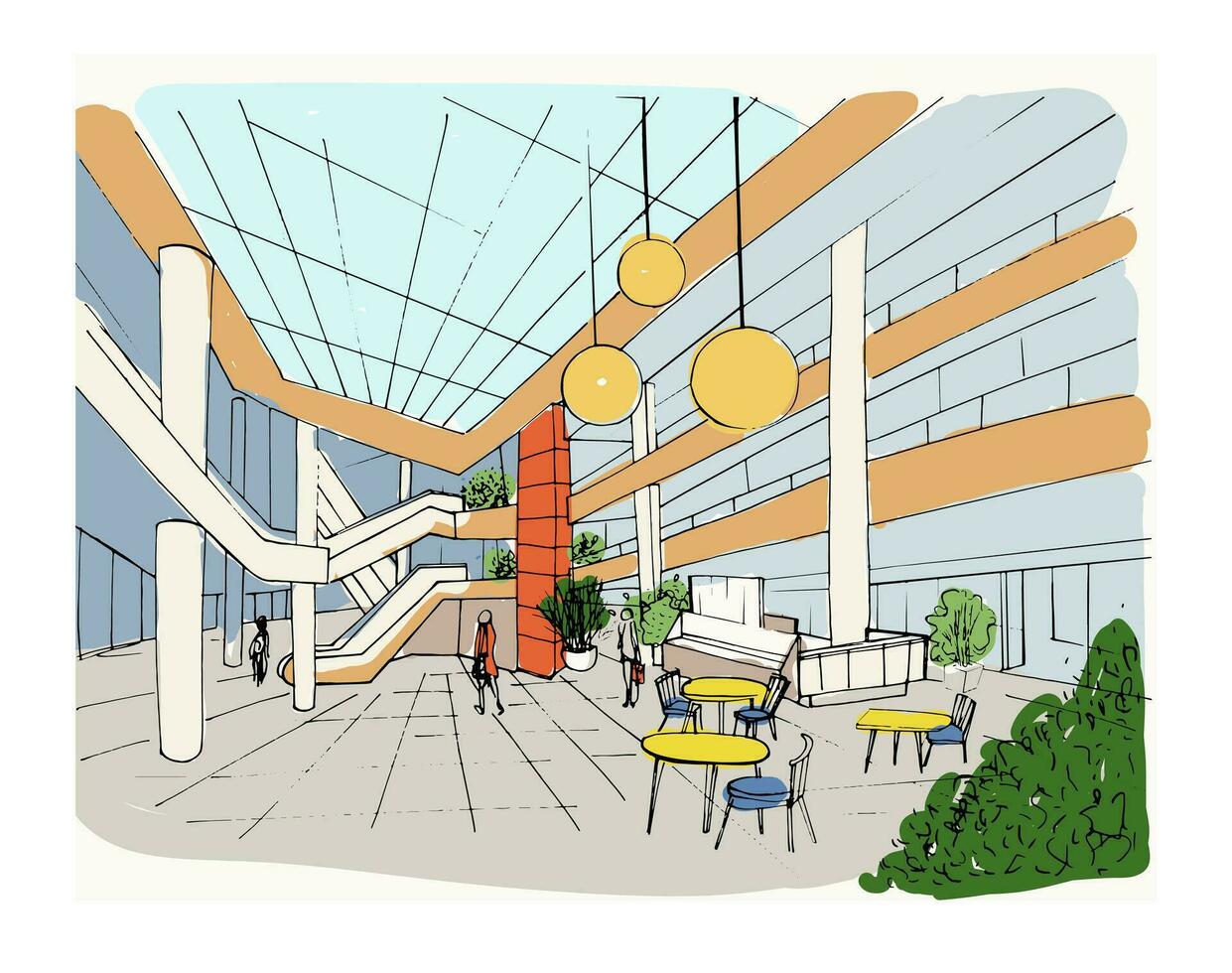 modern Innere Einkaufen Center, Einkaufszentrum. bunt skizzieren Illustration. vektor