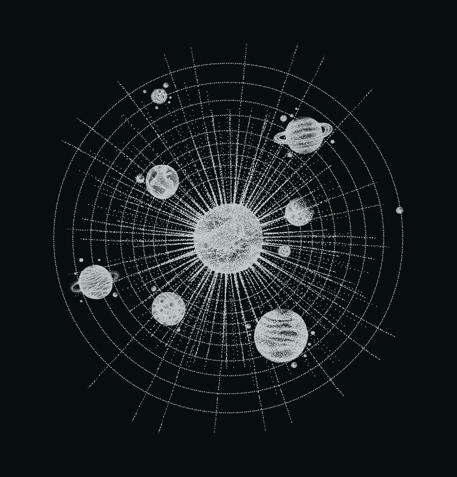 sol- systemet i dotwork stil. planeter i bana. årgång hand dragen illustration. vektor