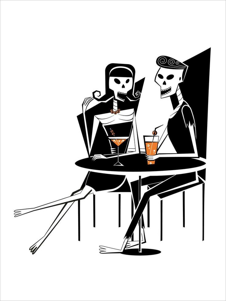 Skelett Mann und Frau Paar Sitzung im das Bar mit Orange Cocktails. Halloween Skelett Paar Zeichen im retro Felsen Stil. vektor