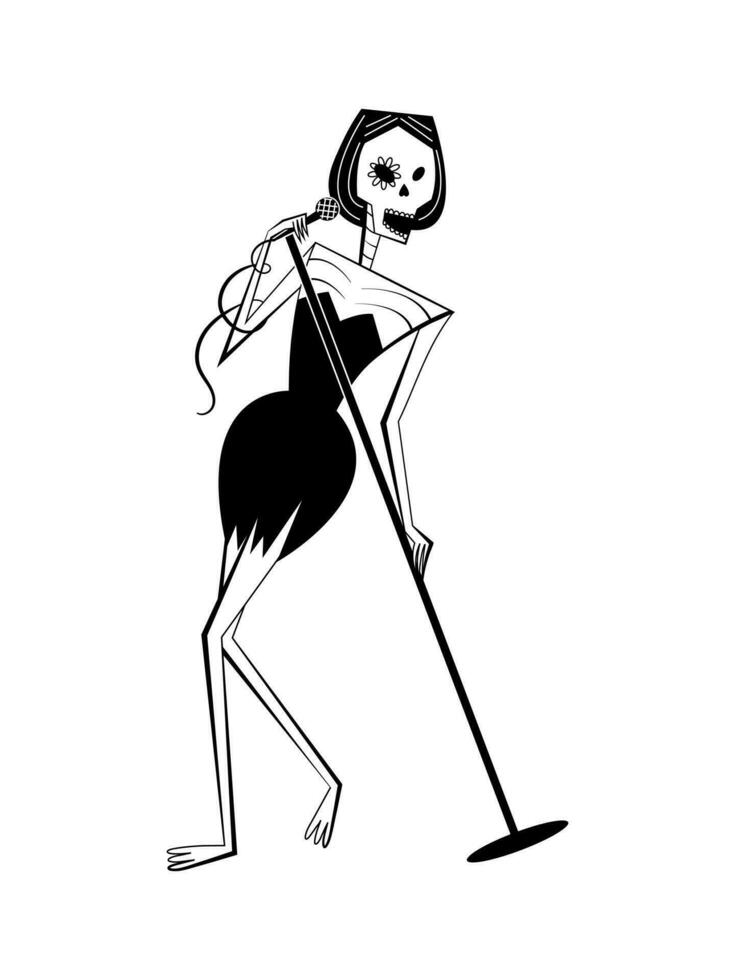 sten stil skelett sångare karaktär i svart klänning med mikrofon. halloween skelett kvinna karaktär i retro stil. vektor