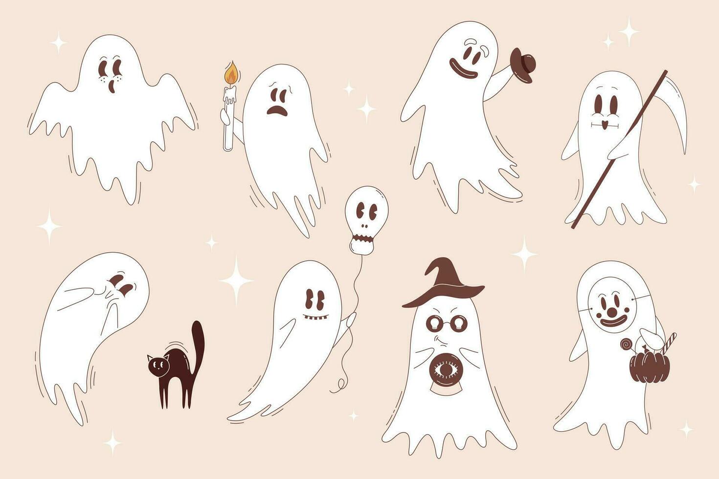 häftig stil halloween spöke uppsättning. söt spöke tecken med annorlunda känslor. vektor