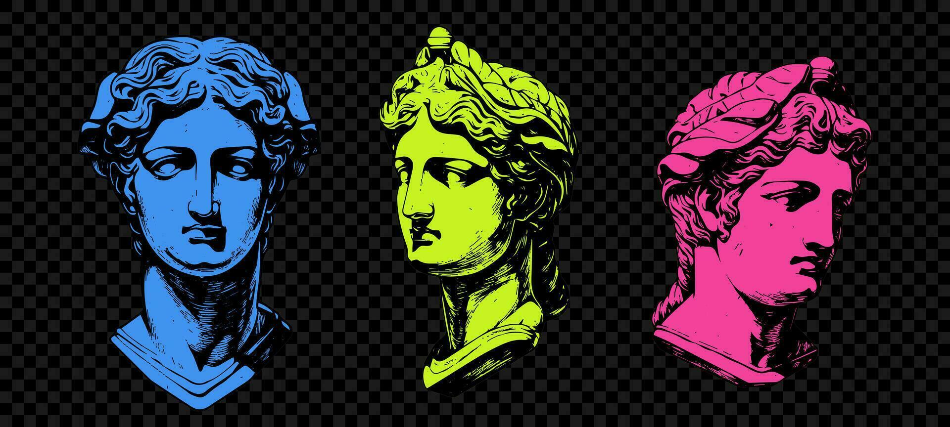 uppsättning av Färg antik staty huvud av grekisk skulptur skiss gravyr stil vektor illustration packa.