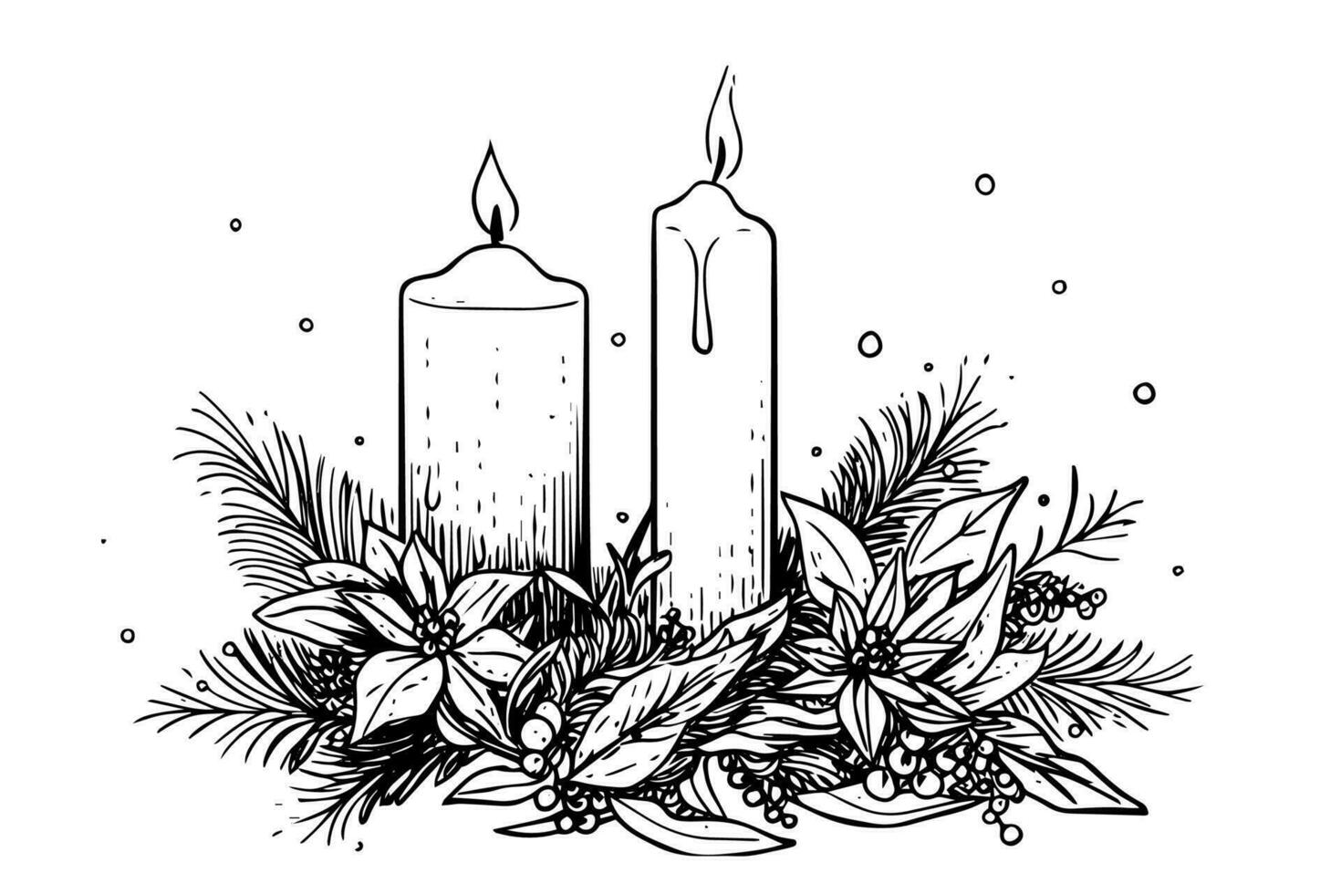 dick Weihnachten Kerzen Verbrennung. Hand gezeichnet skizzieren Gravur Stil Vektor Illustration.