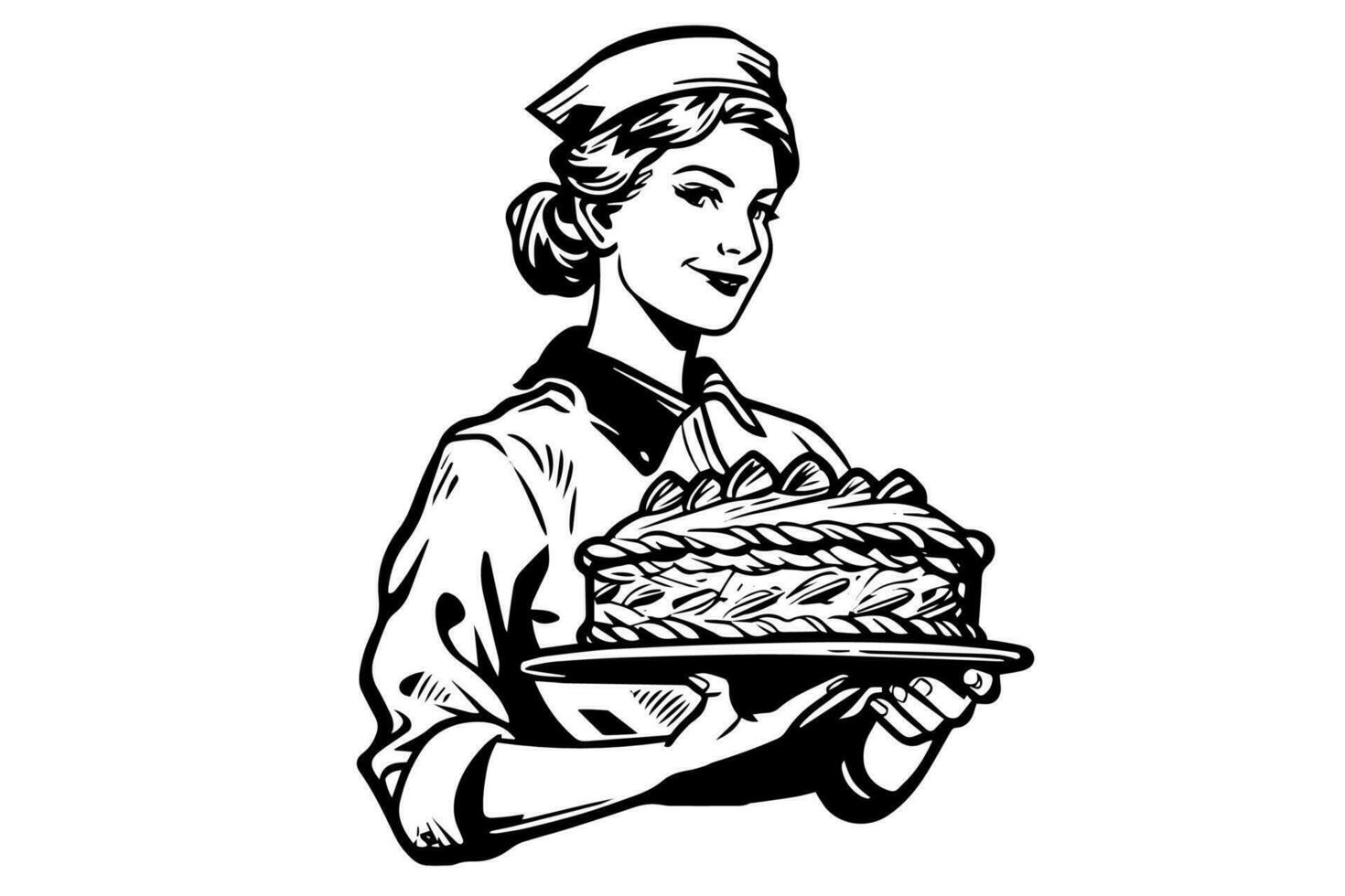Hand gezeichnet Tinte skizzieren von weiblich Bäcker mit gebacken Brot auf ein Tablett. graviert Stil Vektor Illustration. Design zum Logo, Werbung.