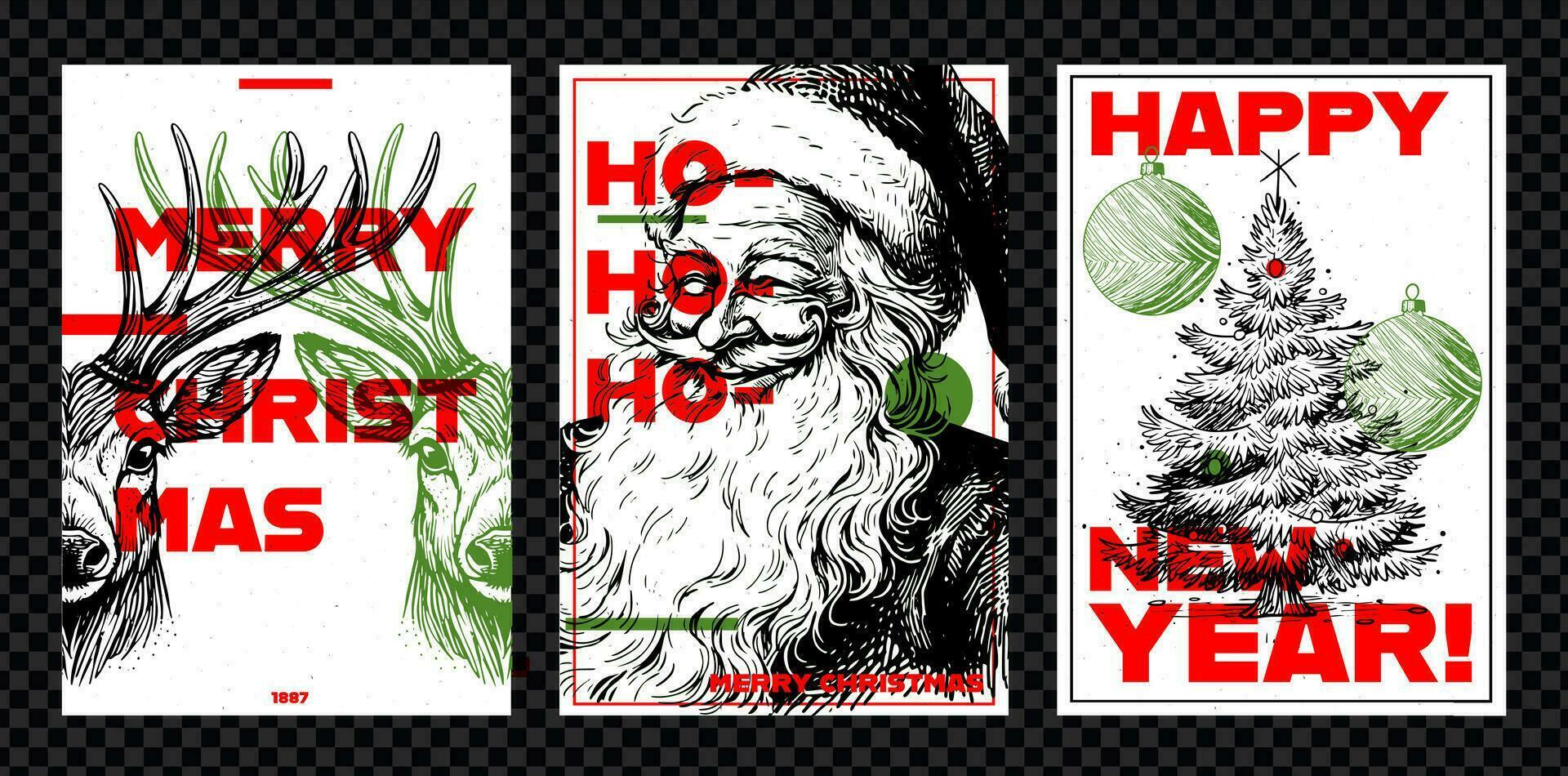 uppsättning av glad jul flygblad, affisch eller vykort med ren, santa claus och en jul träd. årgång vektor kort med hand dragen i graverat stil.