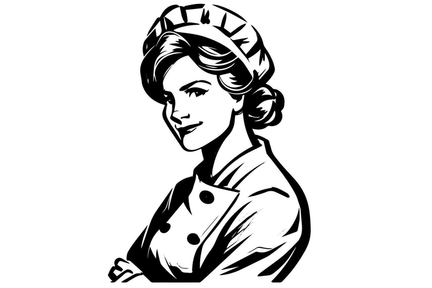 Hand gezeichnet Tinte skizzieren von weiblich Bäcker oder kochen. Design zum Logo, Symbol, Werbung. graviert Stil Vektor Illustration.