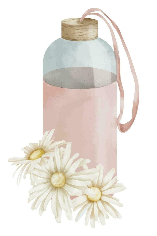 vatten flaska med daisy blommor. hand dragen vattenfärg illustration av en rosa återanvändbar glas burk på en vit isolerat bakgrund. teckning av dryck med kamomill för ikon. feminin blommig skiss vektor