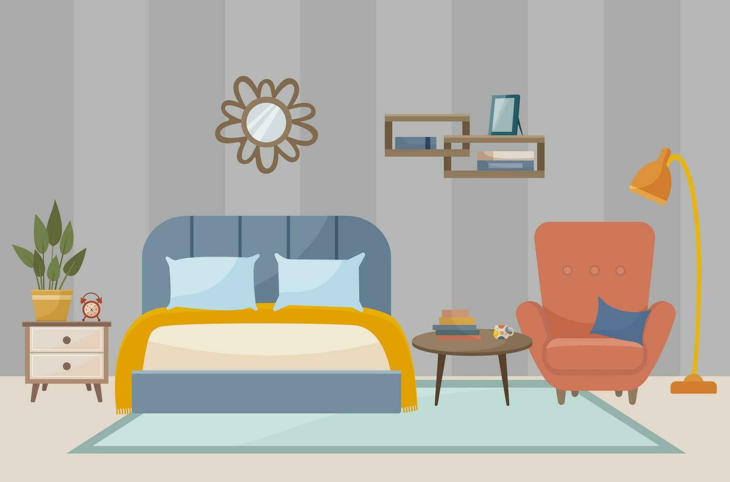 gemütlich Schlafzimmer. Schlafzimmer Innere Bett, Sessel, Spiegel, Foto rahmen, Regale, Bücher, Zuhause Blume, Teppich. Innere Konzept. Vektor eben Illustration.