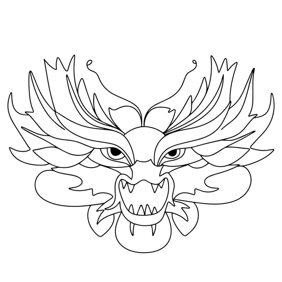 Drachen Kopf im Gekritzel Stil. Hand gezeichnet Drachen Gesicht, Chinesisch traditionell Fantasie Tier. Drachen Maske. Symbol 2024 Drachen Umriss. Vektor Illustration.