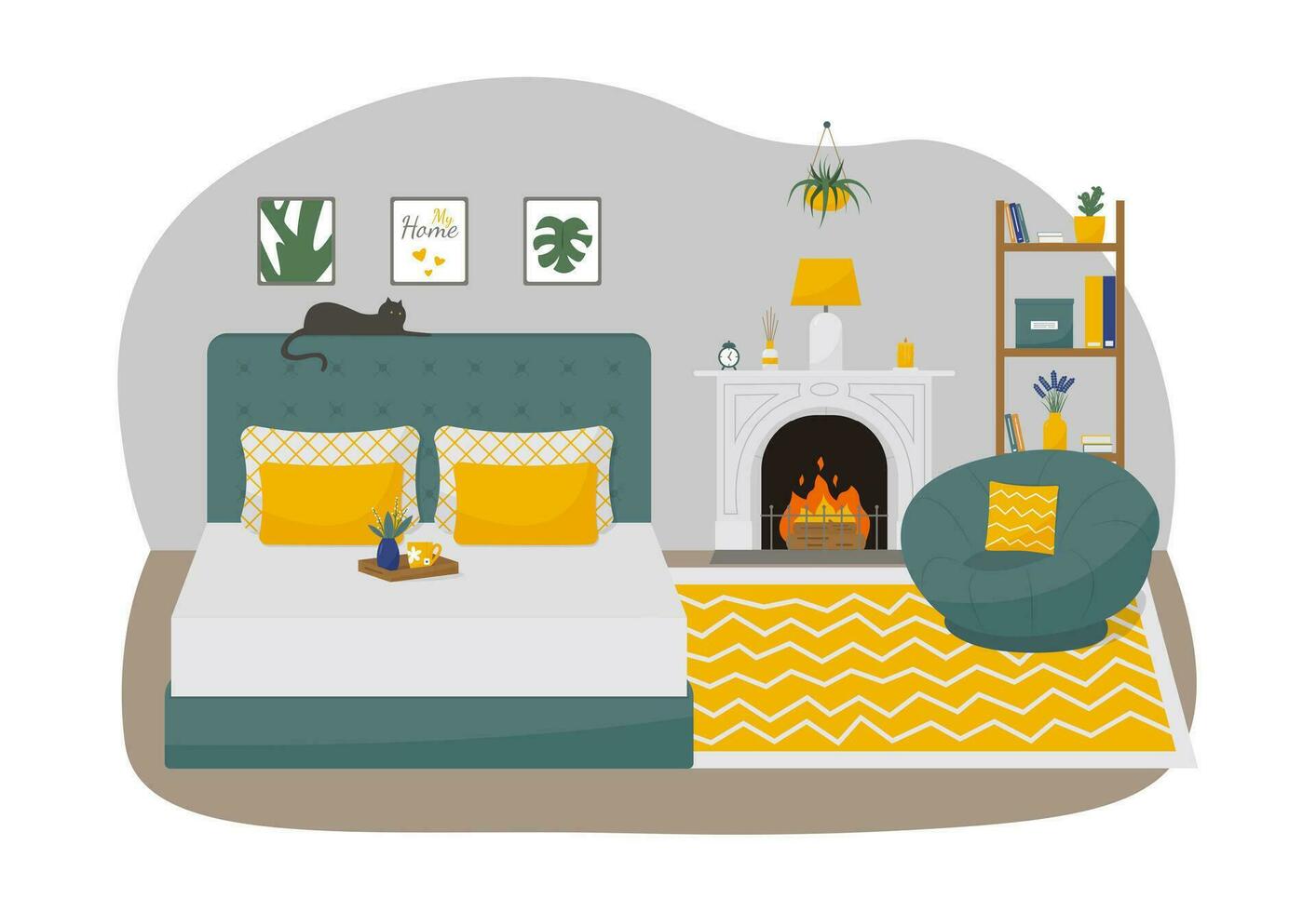 gemütlich modern Schlafzimmer Innere mit doppelt Bett und Kamin. Konzept Vektor Illustration im eben Stil.