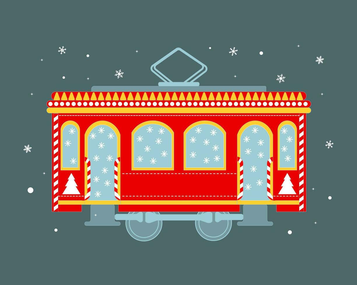 süße rote weihnachtsbahn mit schneeflocken und weihnachtsbäumen. grußkarte, illustration, vektor