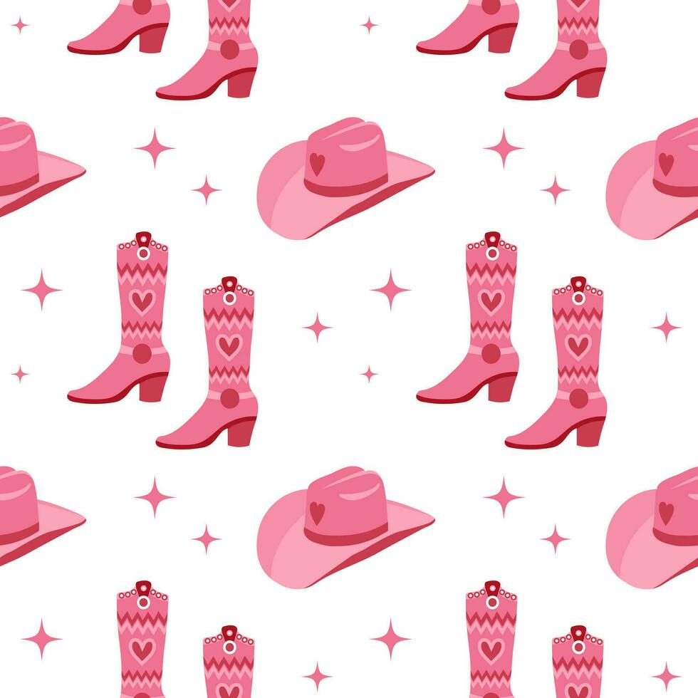süß Rosa nahtlos Muster mit Prinzessin Kleiderschrank Einzelheiten, Krone, Schuhe, Cowboy Hut, Kuss. schön mädchenhaft Hintergrund. Vektor