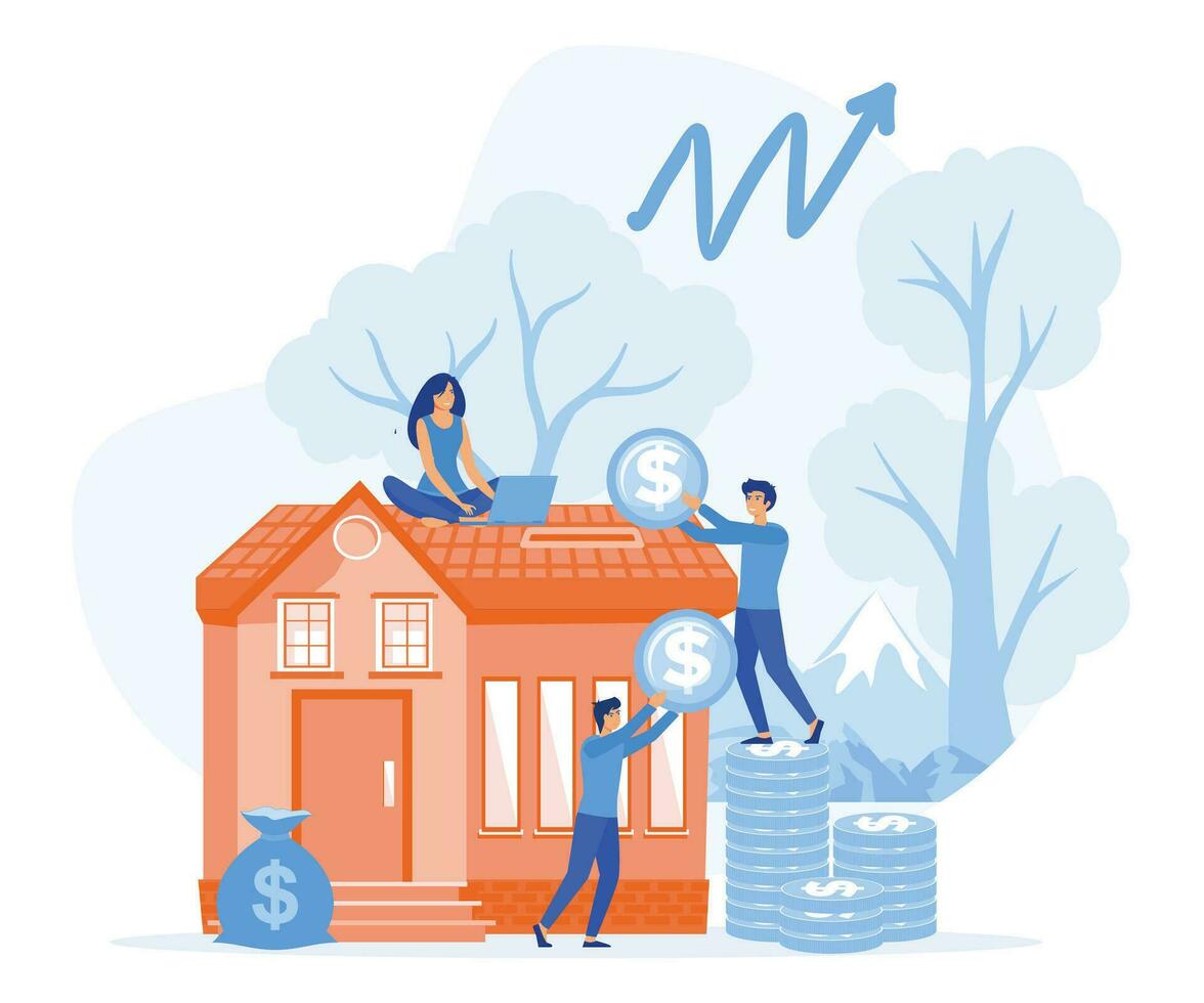 verklig egendom investering, människor uppköp hus i skuld, inteckning lån, äganderätt och besparingar. platt vektor modern illustration