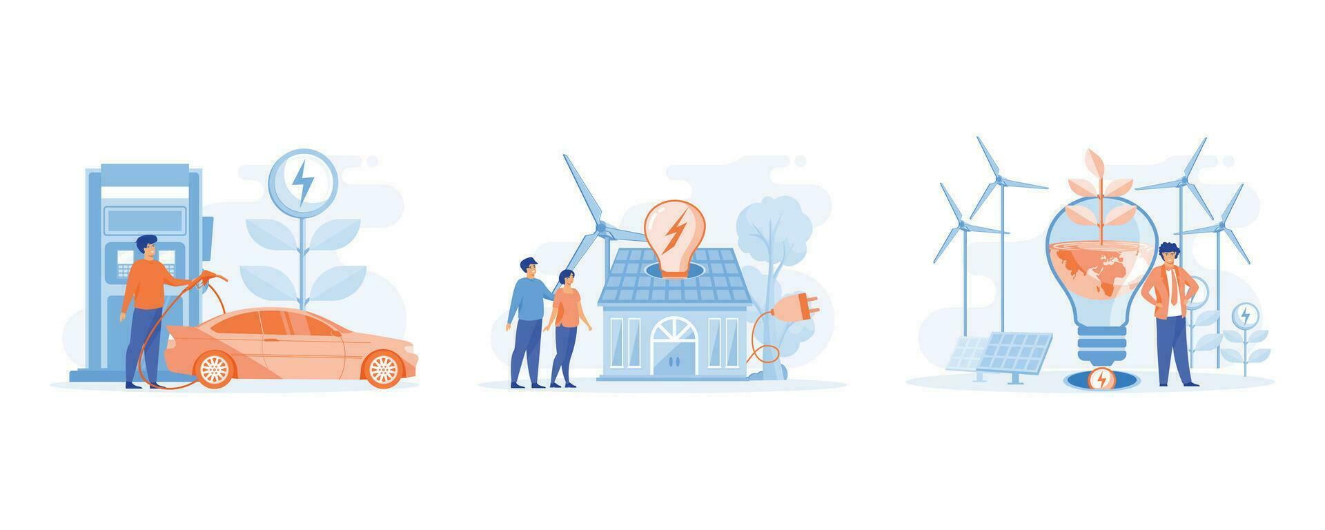 Grün Energie Konzept. modern Öko Privat Haus mit Solar- Energie Paneele und Clever Zuhause Technologie, verlängerbar Energie. einstellen eben Vektor modern Illustration