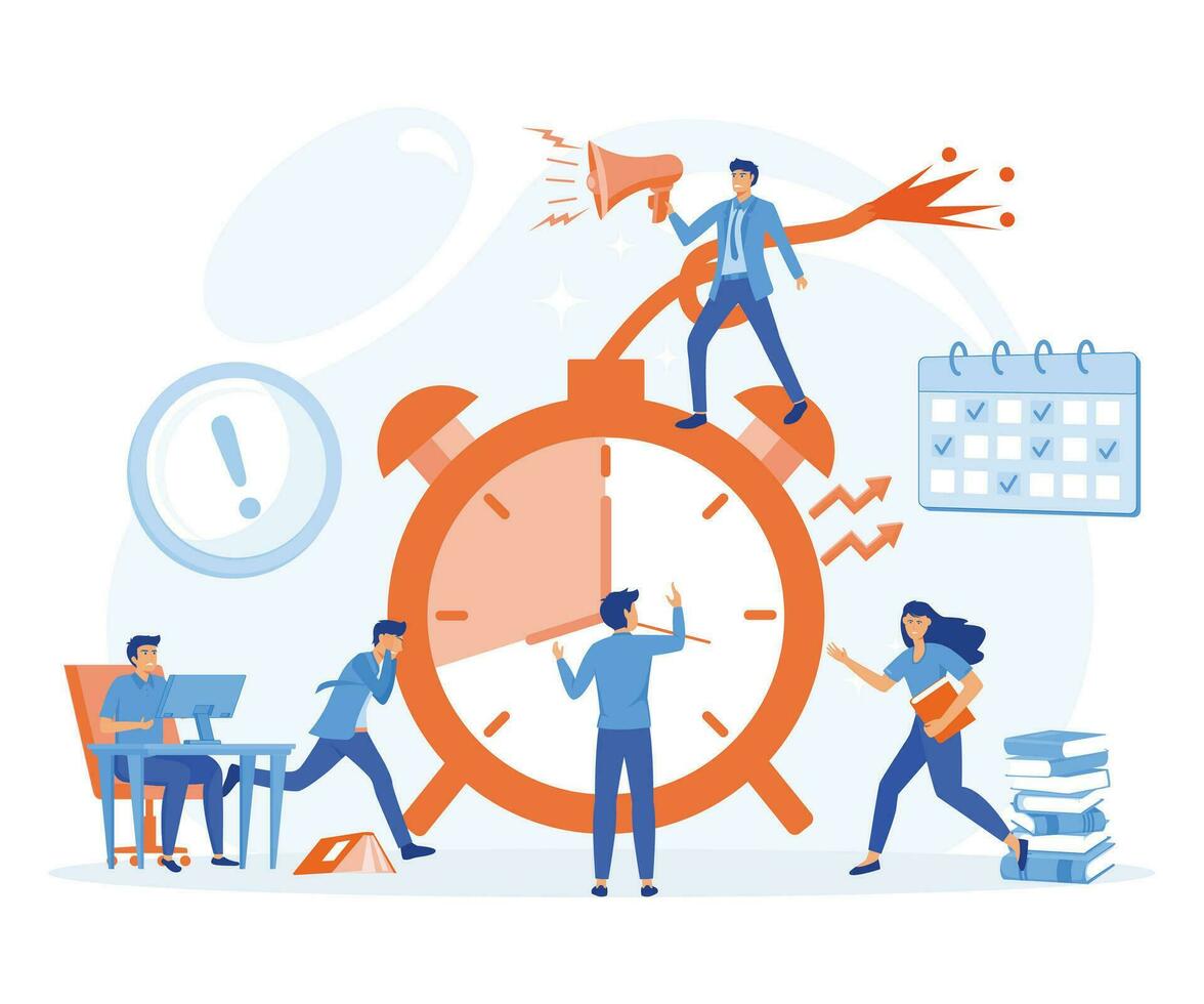 tid förvaltning, chef tryck på arbetsplats. kontor deadline. betonade anställda arbetssätt över tid. platt vektor modern illustration