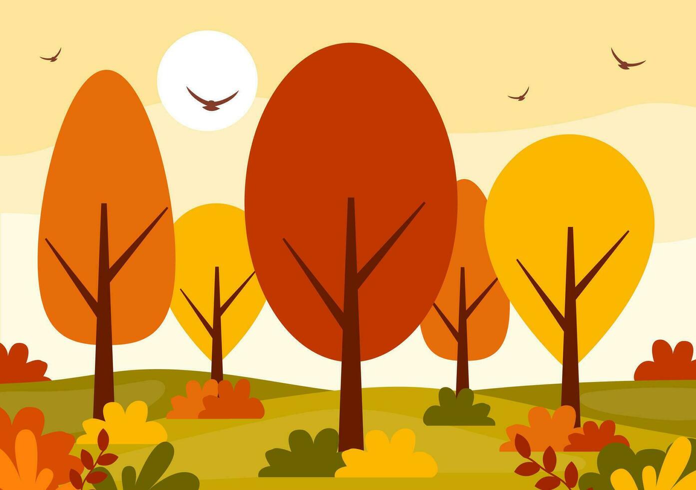 höst landskap bakgrund vektor illustration med berg, fält, träd och falla löv i platt tecknad serie naturlig säsong panorama mallar