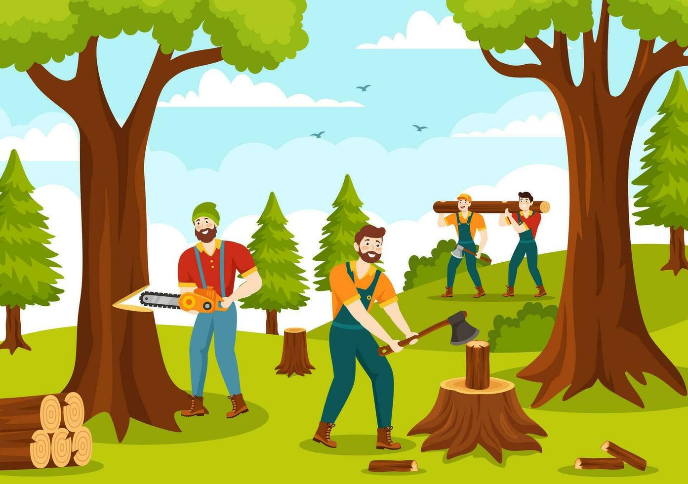 Männer Hacken Holz und Schneiden Baum mit Holzfäller Arbeit Ausrüstung Maschinen oder Kettensäge im eben Karikatur Hintergrund Vorlagen Vektor Illustration