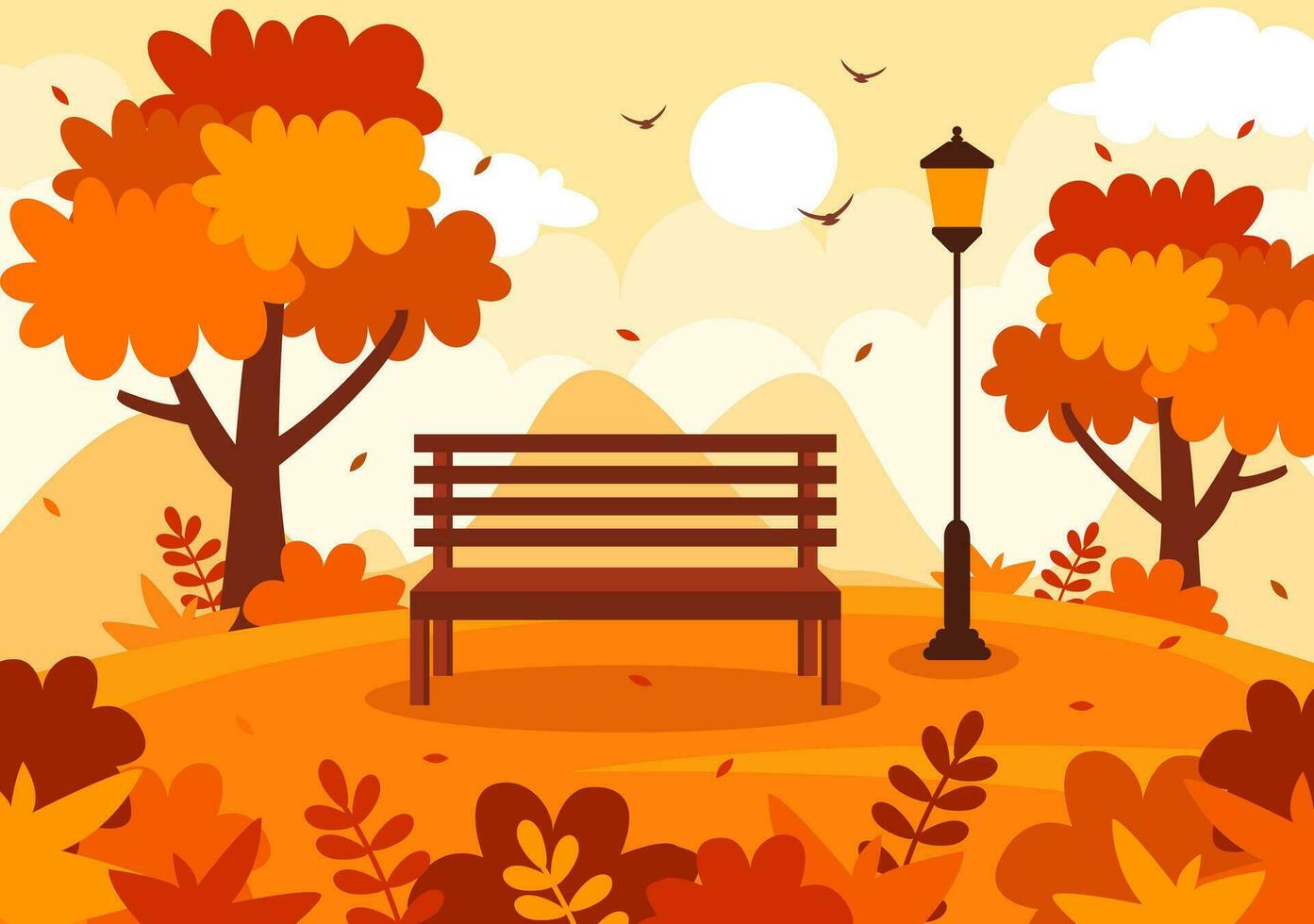 höst landskap bakgrund vektor illustration med berg, fält, träd och falla löv i platt tecknad serie naturlig säsong panorama mallar