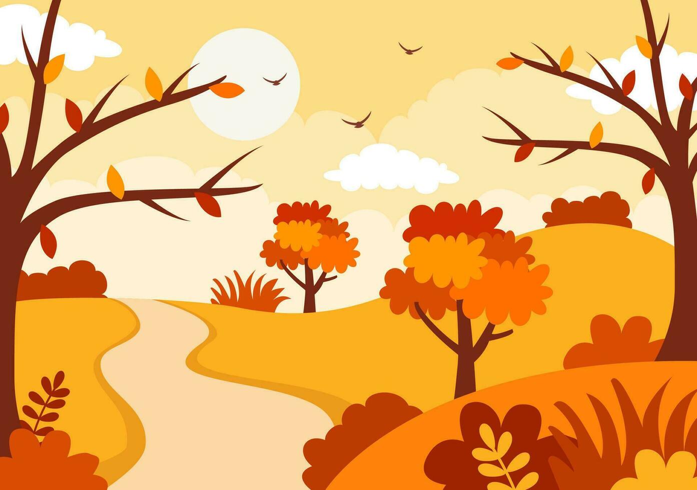 Herbst Landschaft Hintergrund Vektor Illustration mit Berge, Felder, Bäume und fallen Blätter im eben Karikatur natürlich Jahreszeit Panorama Vorlagen