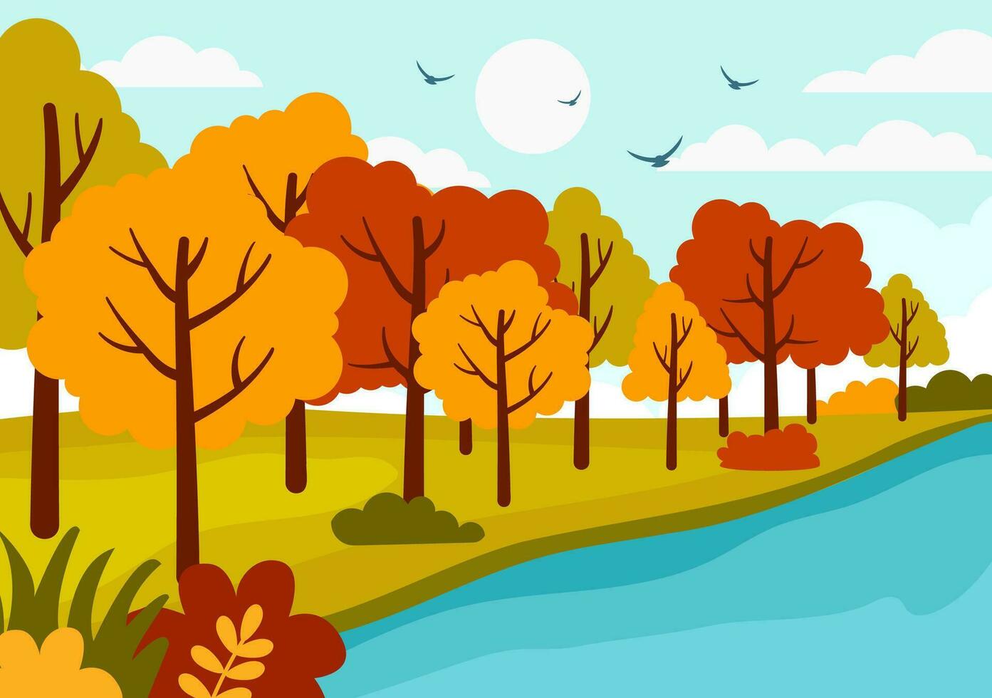 Herbst Landschaft Hintergrund Vektor Illustration mit Berge, Felder, Bäume und fallen Blätter im eben Karikatur natürlich Jahreszeit Panorama Vorlagen