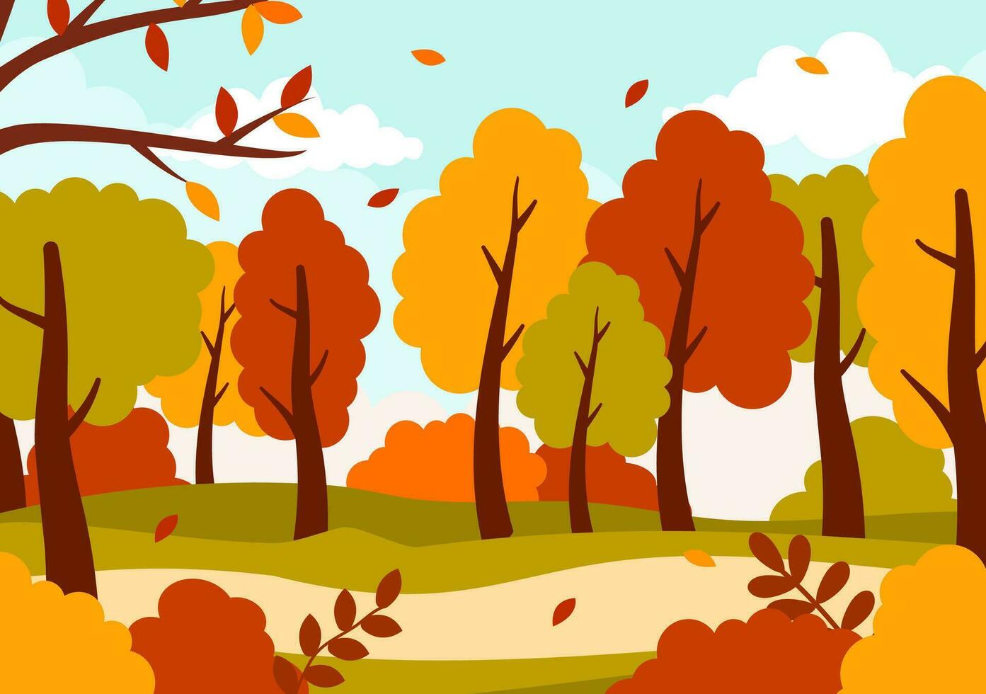 Herbst Landschaft Hintergrund Vektor Illustration mit Berge, Felder, Bäume und fallen Blätter im eben Karikatur natürlich Jahreszeit Panorama Vorlagen